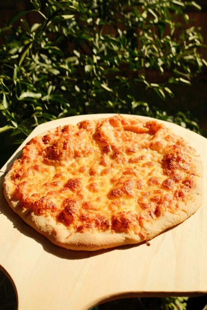 Here's a caption for the image: cheesy pizza on a wooden board looks delicious.